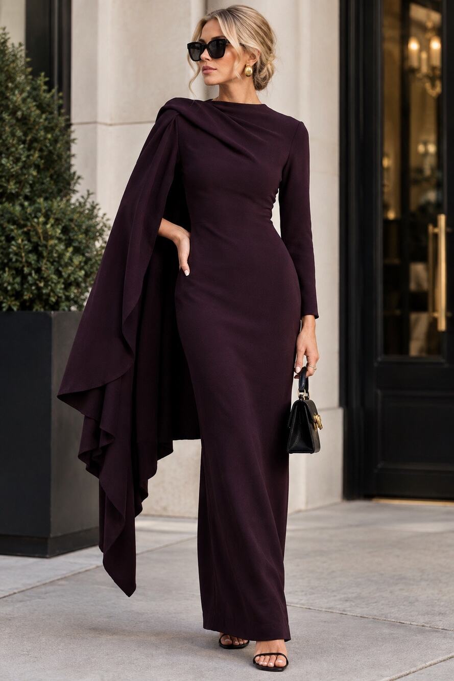 SOLACE LONDON Plum Purple Lydia One-Sleeve Cape Effect Cady Maxi Dress US 4